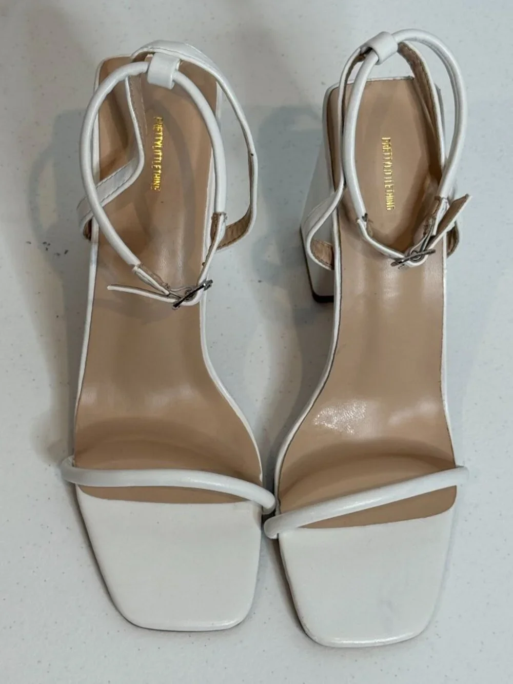 PrettyLittleThing Women's White Strappy Block Heel Sandals Square Toe Size 9